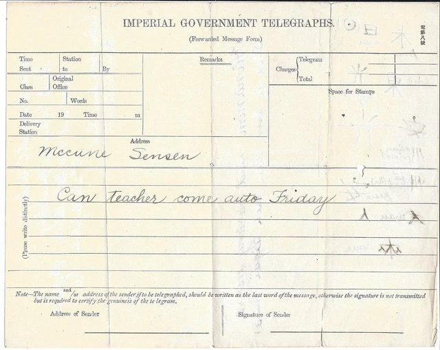 1920s Japanese Telegraph Form To Philadelphia Written in Phonetics and Character