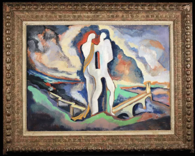 1930’s LARGE FRENCH OIL ON CANVAS - EXPRESSIONIST LANDSCAPE FIGURES - UNUSUAL