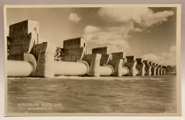 RPPC Mississippi River Dam, Davenport, Iowa IA Vintage Real Photo Postcard