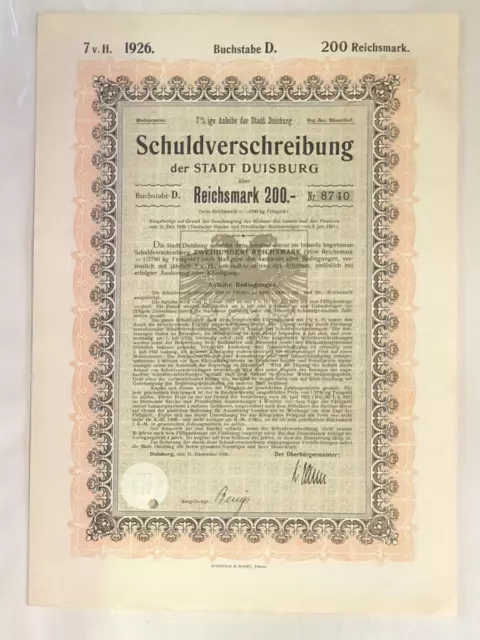 Schuldverschreibung der Stadt Duisburg 1926 200 RM = 200 / 2790 Kg Feingold