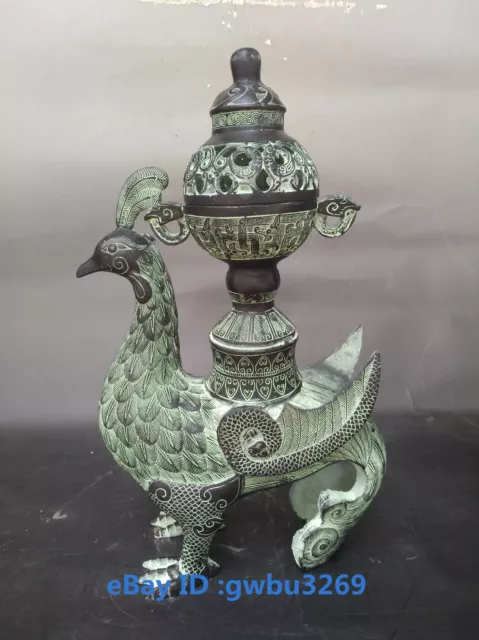 Collect Decorate Chinese Fengshui Bronze carve phoenix bird Incense burner 22113