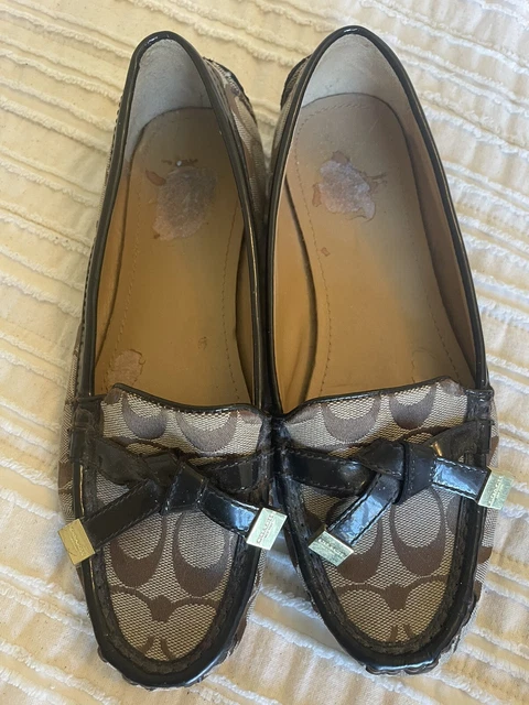 Coach Frida Tan Brown canvas leather gold accent loafers Women’s size 8B