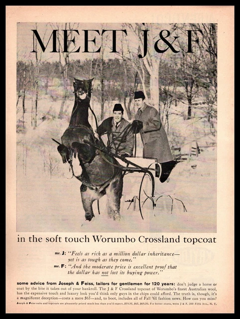 1961 Joseph & Feiss Tailor Worumbo Crossland Topcoat Horse Drawn Sleigh Print Ad
