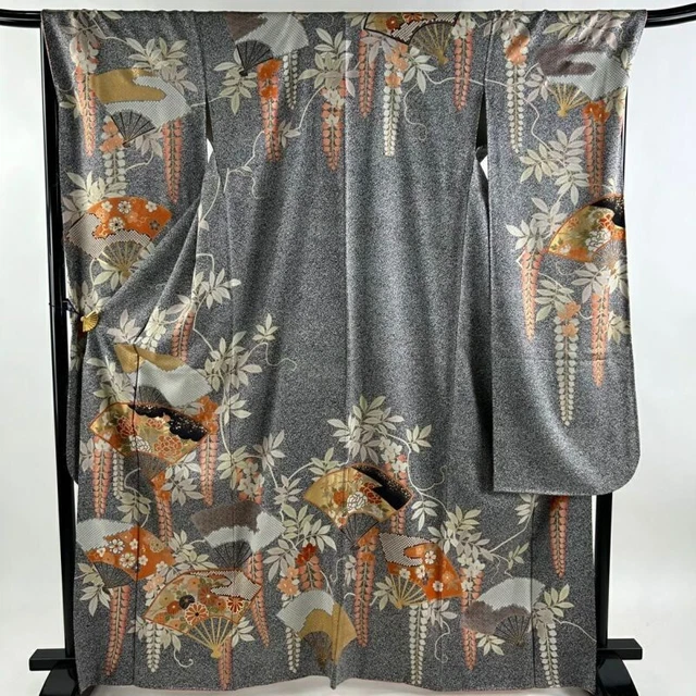 Woman Japanese Kimono Furisode Silk Fan Flowers Gold Foil Gray Black
