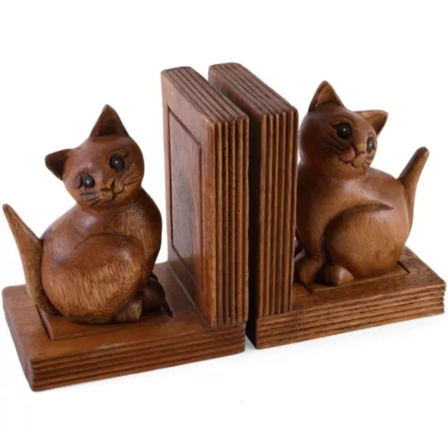 Vintage style Hand Carved ethically sourced Wooden set of 2 Cat Bookends new