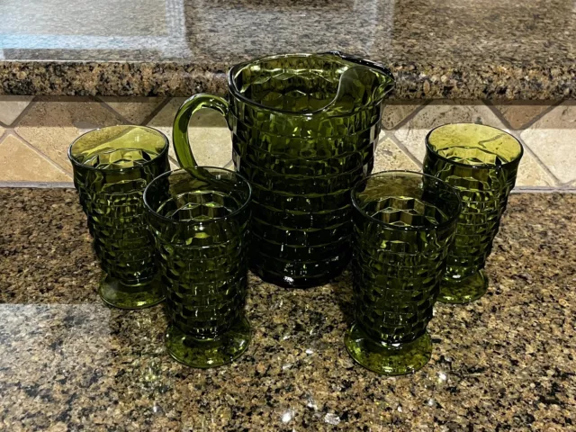Vintage Whitehall Colony Cubist Footed Tea Glasses (4) And Pitcher Avocado Green