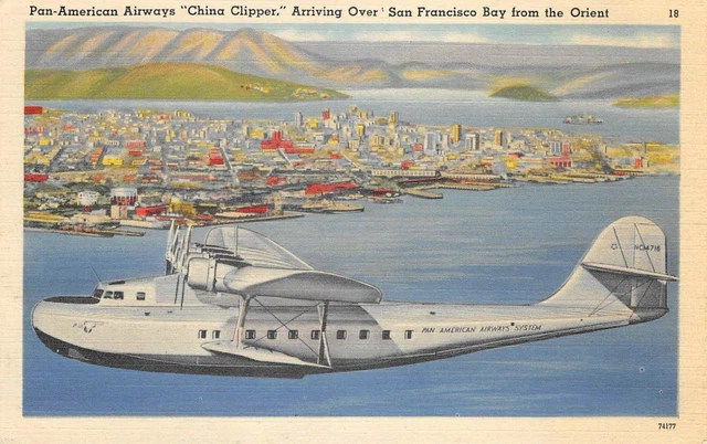 Pan-American Airways "China Clipper" San Francisco Bay Airplane c1930s Postcard