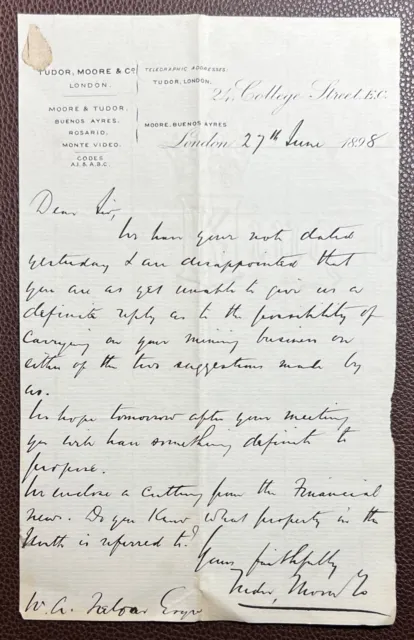 1898 Tudor, Moore & Co., 24 College Street, London & Buenos Ayres Letter