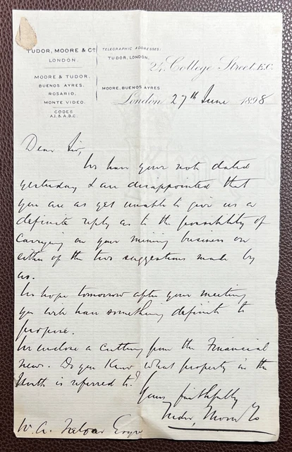 1898 Tudor, Moore & Co., 24 College Street, London & Buenos Ayres Letter