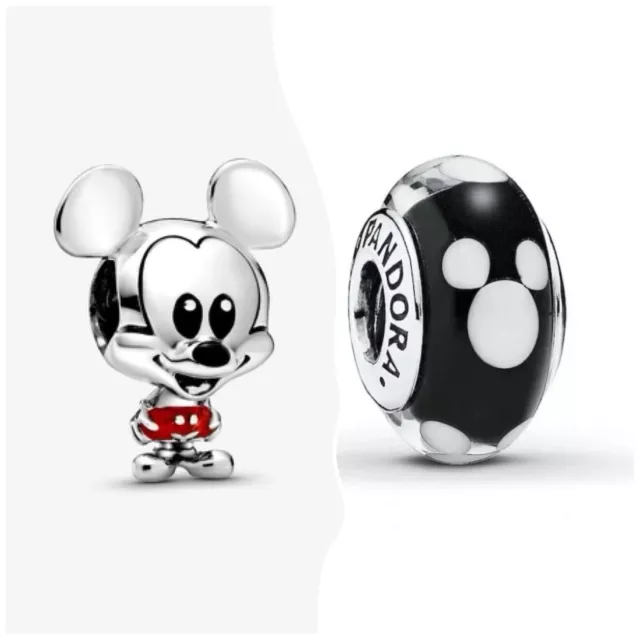 2pc Authentic Pandora,Disney“Mickey Mouse” Black Murano Charm Set (Perfect Gift)