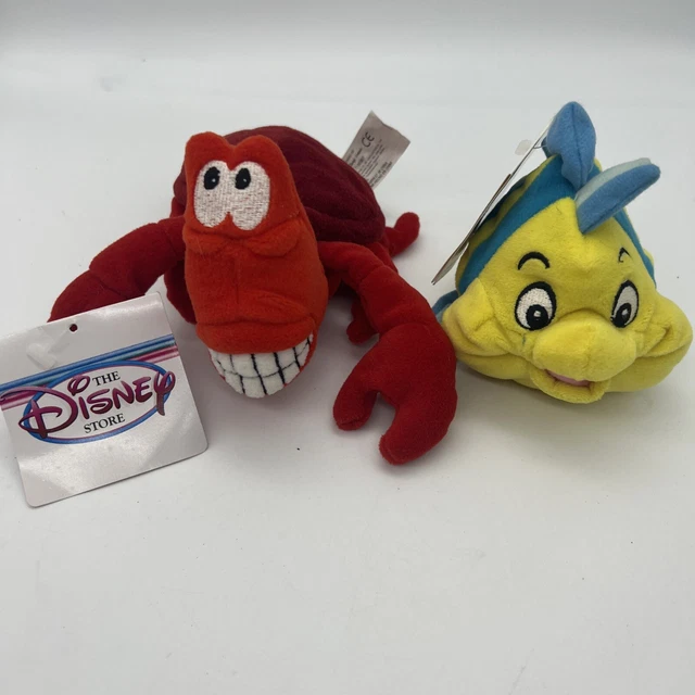 THE DISNEY STORE Little Mermaid Flounder Sebastian Mini Bean Bag Plush