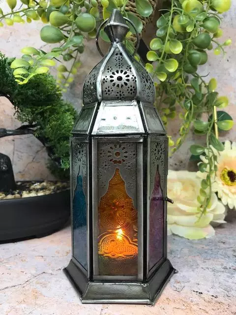 Moroccan Style Lantern Multicoloured Glass Brass Antique Tea Light Candle Holder