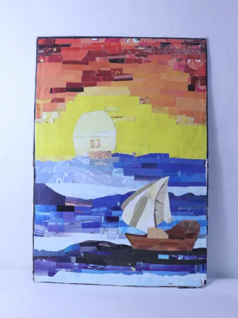 Original Collage Art Painting Contemporary Sailboat in Sunset Egyptian Handmade
