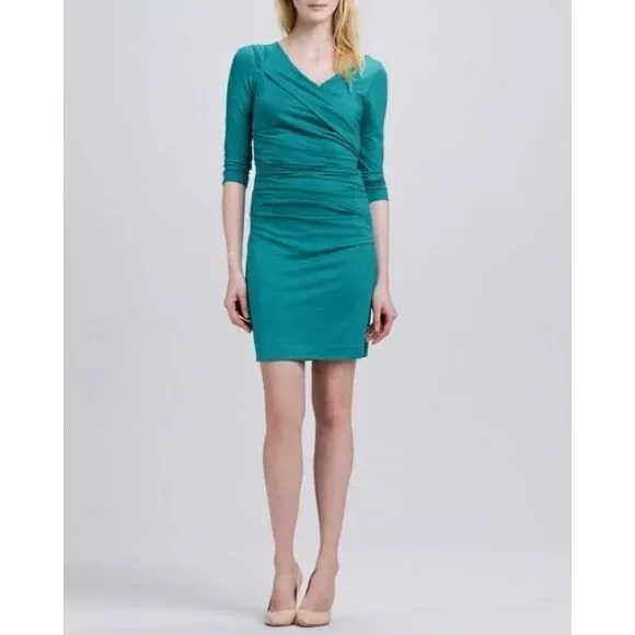 NWT DVF Diane Von Furstenberg Green Bentley Faux Wrap 3/4 Slv Ruched Dress Sz L