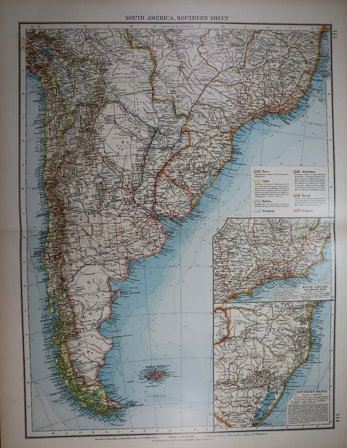 Old (XLG17x22) 1905 Time's Atlas Map ~ SOUTHERN - SOUTH AMERICA  ~ Free S&H