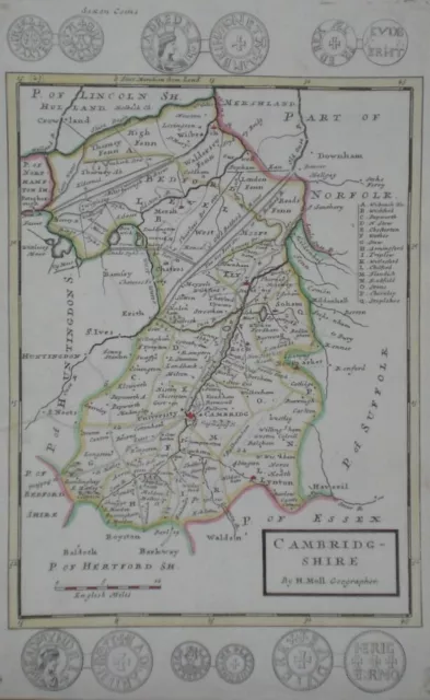 Original early map of Cambridgeshire by Herman Moll ca 1720