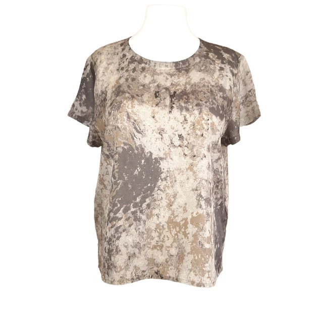 Eileen Fisher Tidewater kurzärmlig bedrucktes Seidenoberteil Größe XL Abstarct Print