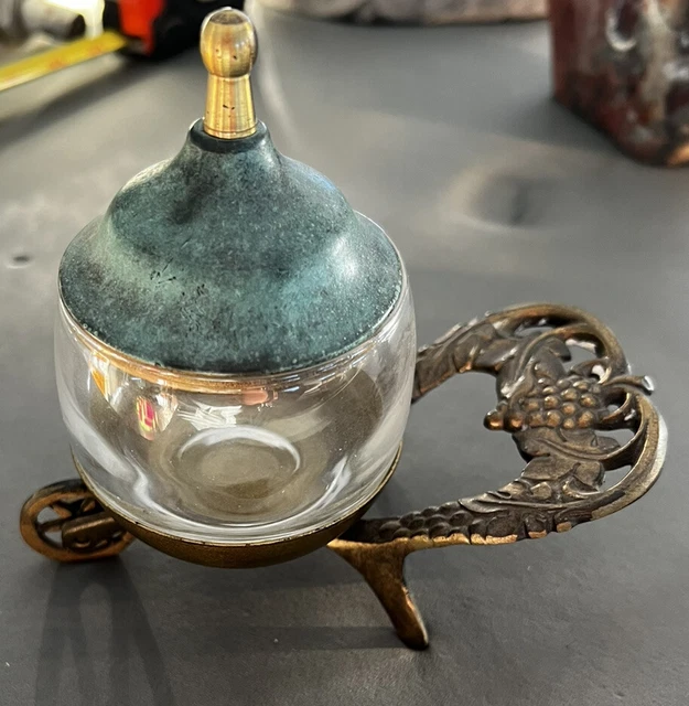 Mid-Century Modern brass & glass sugar bowl made in Israel 1960s 1970s