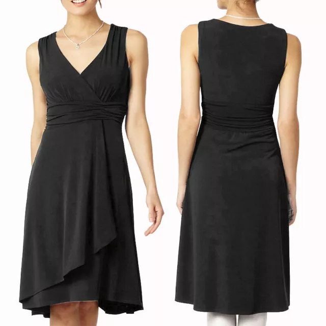 Elegant Mid Length V-Neck Sleeveless Jersey Cocktail Party Day Dress Black