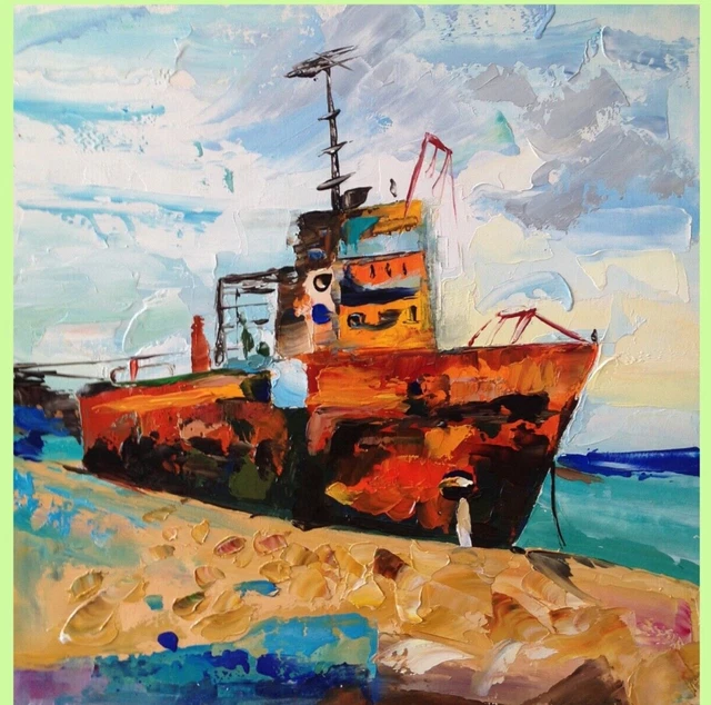 8" in Old Ship ORIGINAL Oil Painting Italy ORIGINAL Art Seascape Impasto Texture