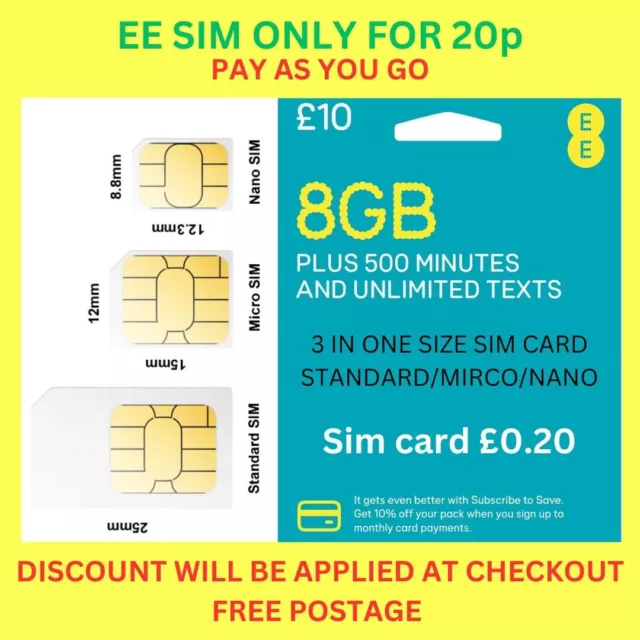 EE Sim Card Pay As You Go PAYG £10 Pack 8GB Data Unlimited SMS 500Min - ONLY 20p