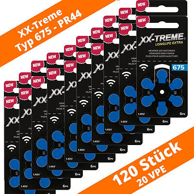 120 baterías de audífonos extra XX-TREME Longlife tipo 675 PR44 azul NUEVO