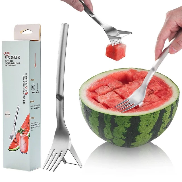 Kit 2-en-1 Coupe-pastèque + Fourchette - Acier Inoxydable Et Bois - Pour Pique-nique, Barbecue, Cuisine