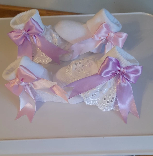 2 Pairs Of Baby girls white ankle socks with  bows size 0-3 Mths New