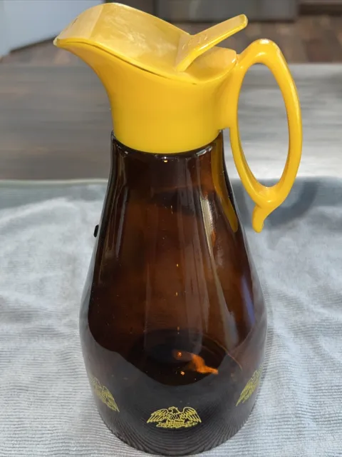 Vintage 1970s Amber LOG CABIN Syrup Dispenser Glass Bottle Yellow Eagle & Top