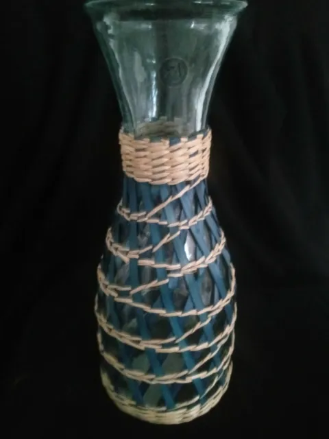 AMICI 100%Recycled Glass Wine Carafe Woven Blue Tan Hand Made Water Pitcher