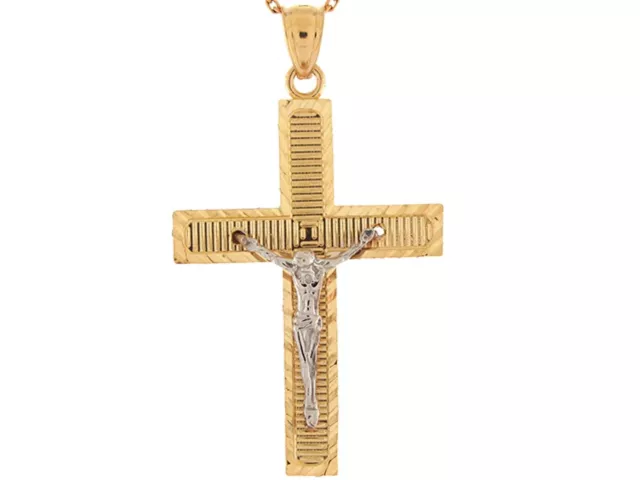 10k or 14k Real Two Tone Gold 4.0cm Bold Jesus Crucifix Christian Cross Pendant