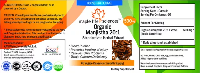 ORGANIC Manjistha 20:1 Capsules Powder, Rubia Cordifolia Detoxifies blood