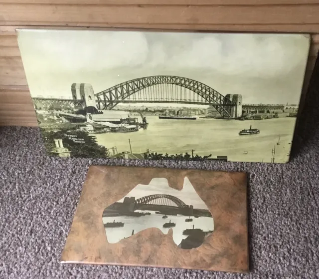 Vintage Brass Plaques 2  Australia Harbour Bridge Sydney Antique Postcard Style