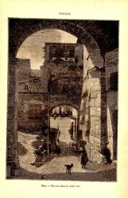 GRAVURE SUR BOIS 19ème NICE UNE RUE DANS LA VIEILLE VILLE