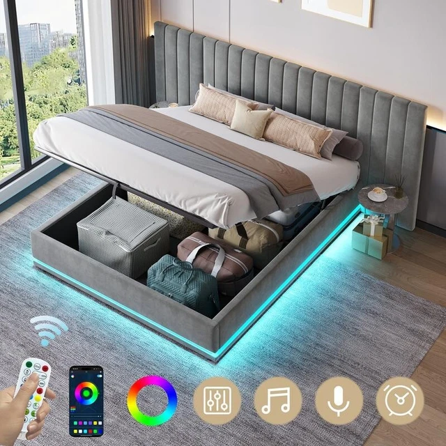 4ft6 Double Ottoman Bed With Storage, Hydraulic Lift Upholstered Bed Frame With LED Lighting & USB & Type C Charging, Linen Functional Beds With LED - View #2