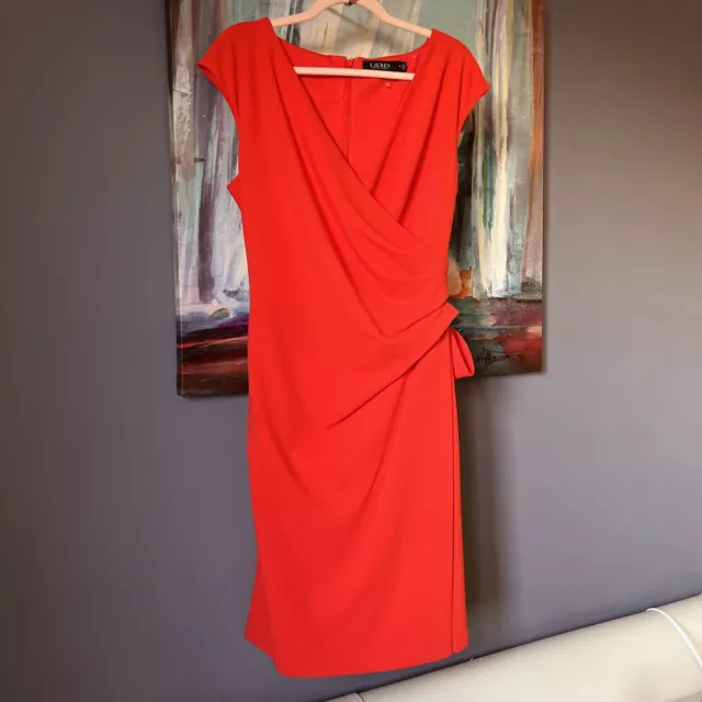 Lauren Ralph Sz 16 Women's Solid Faux Wrap Red Dress Polyester Cap Sleeves