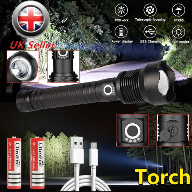 Powerful Zoomable Torch XHP90 Brightest 25000000LM LED Rechargeable Flashlight