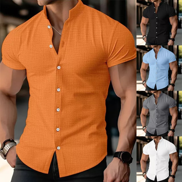 Mens Summer Button Up Shirts Solid Short Sleeve Casual Formal Work Tops Shirts