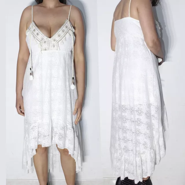 vestito donna elegante mini abito stile impero pizzo ricamo bianco nuovo