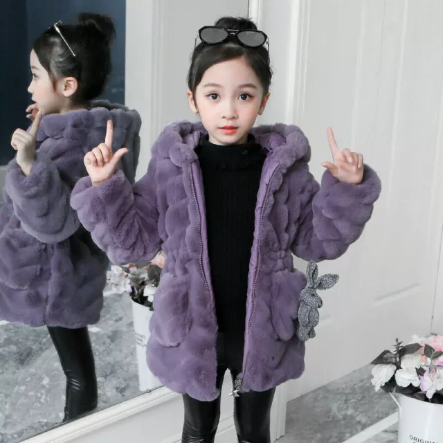 Kids Girls Faux Fur Coat Winter Warm Hooded Outerwear Zip Lovely Jacket Parka UK