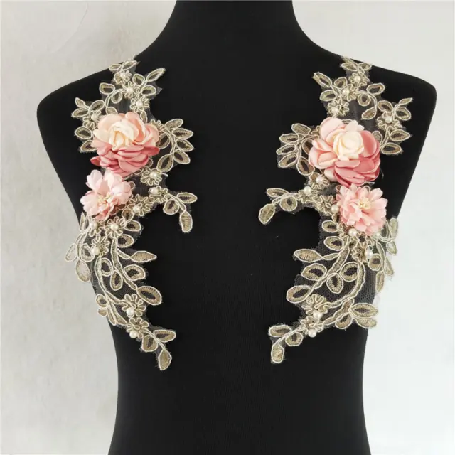 2X DIY 3D Embroidery Floral Applique Sequins Beaded Lace Patch Trim Sewing Decor