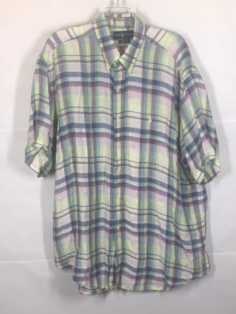 Ralph Lauren Shirt Mens XL Short Sleeve Button Up Blake Plaid Linen Colorfull