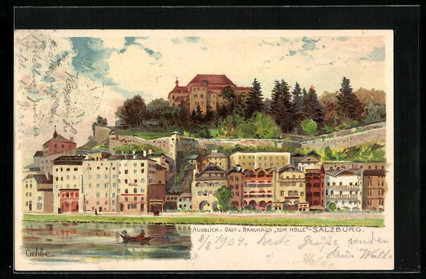 Lithographie Salzburg, Ausblick v. Gast- u. Brauhaus Zur Hölle mit Boot 1904