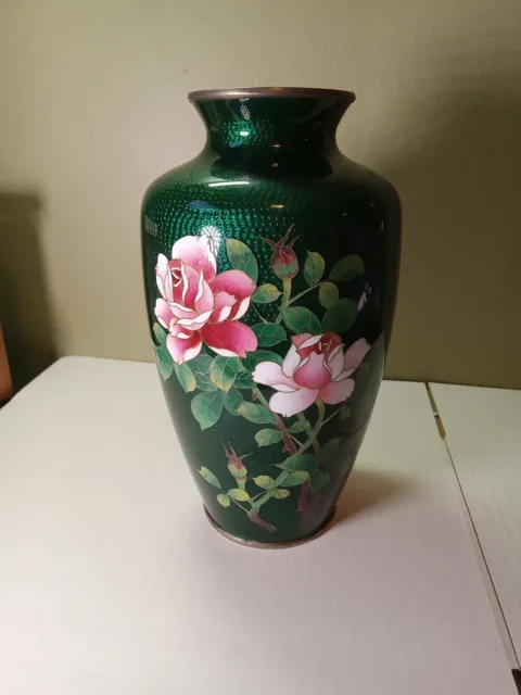 Owari Japanese Enamel Cloisonne Yusen Shippo 7” GREEN Vase Roses Bird Bamboo