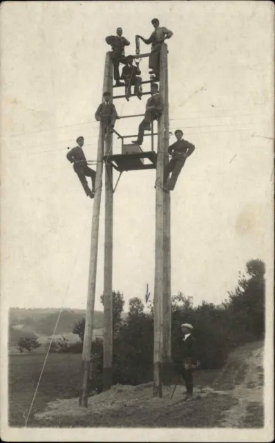 Occupation Linemen Telegraph Telephone Pole Workers Real Photo Postcard
