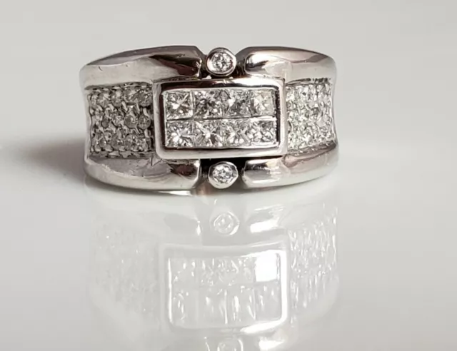 18k Wide Impressive Ring with 1.20 Carat Natural Round  & Princess cut Diamonds