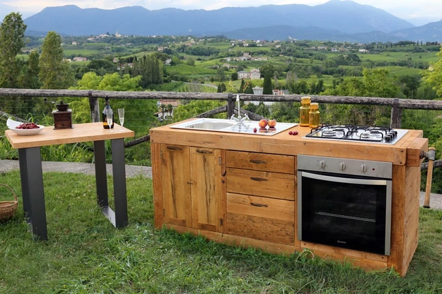 Cucina INDUSTRIAL in legno massello + FORNO LAVELLO COTTURA 200x65xh87 SU MISURA
