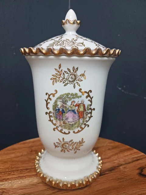 Vintage Lefton Hand Painted Porcelain Lidded Jar Urn Courting Couple Gold Trim
