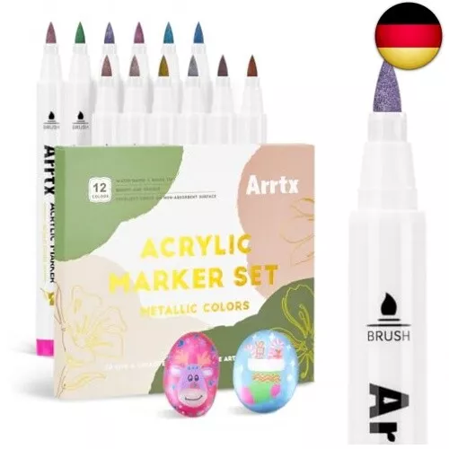 Arrtx 12 Farben Metallic Acrylstifte, Glitzermarker für Felsmalerei, Glitzer