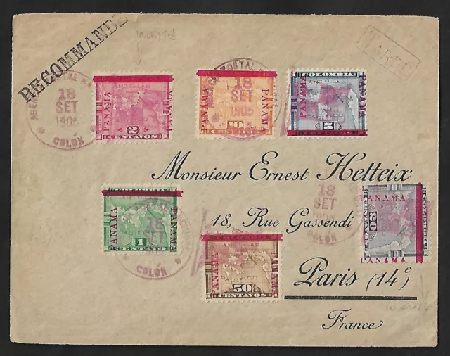 Panama Colon To France Registered Colombian Ovpt Stamps On Cover 1905